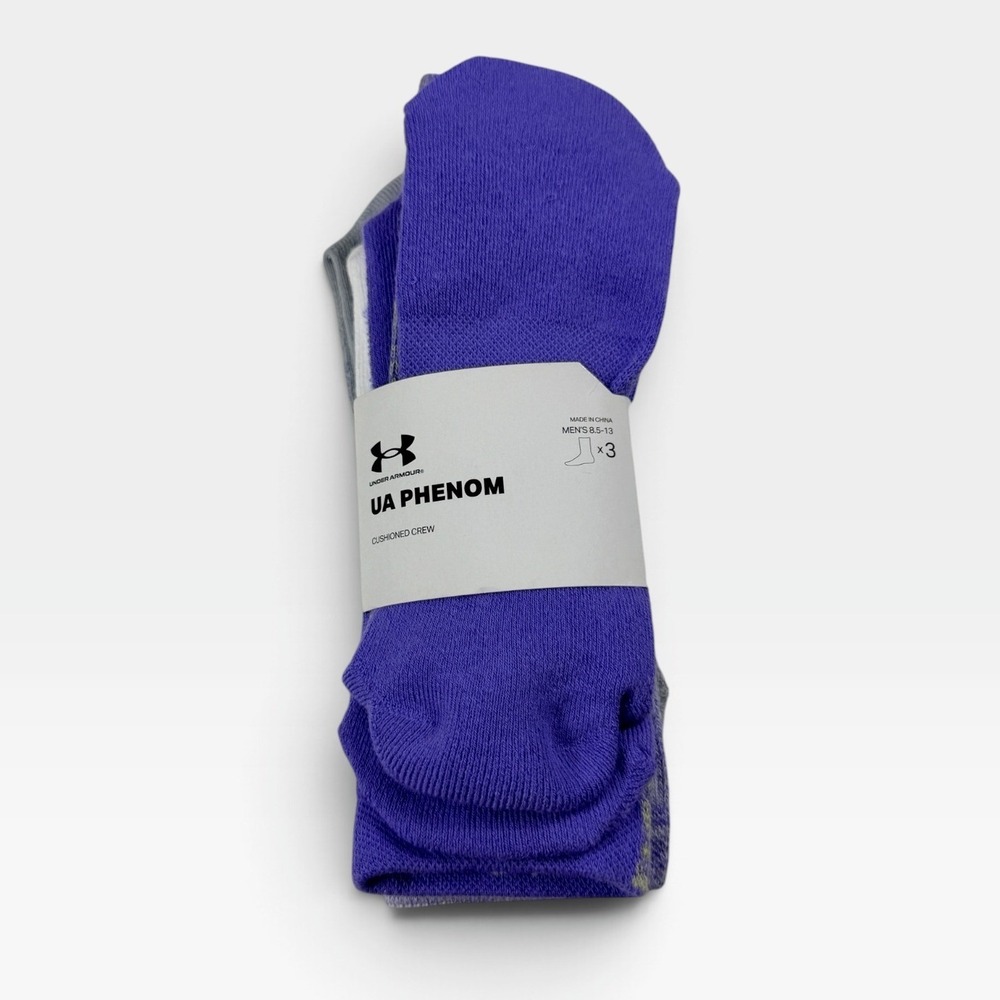 Under Armour UA Phenom Crew Socks Mens Large Blue Grey 3-Pack US00273 New